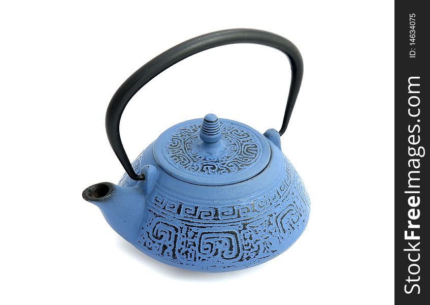 Blue iron teapot isolated with pattern