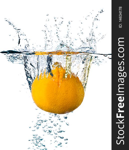 Orange splashing water isolated on white. Orange splashing water isolated on white