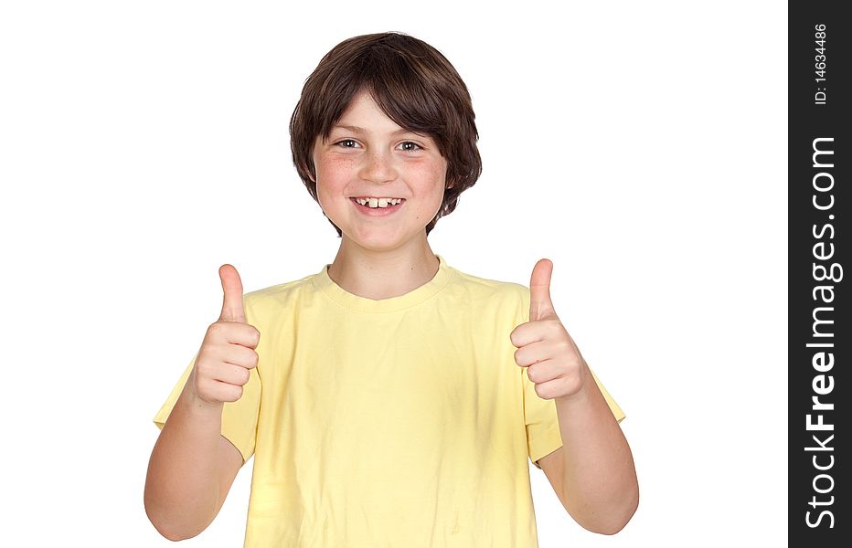 Funny portrait of freckled boy accepting isolated on white background