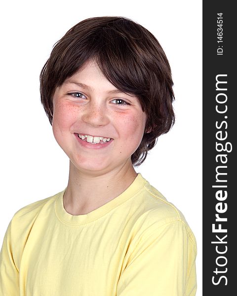 Funny portrait of freckled boy isolated on white background