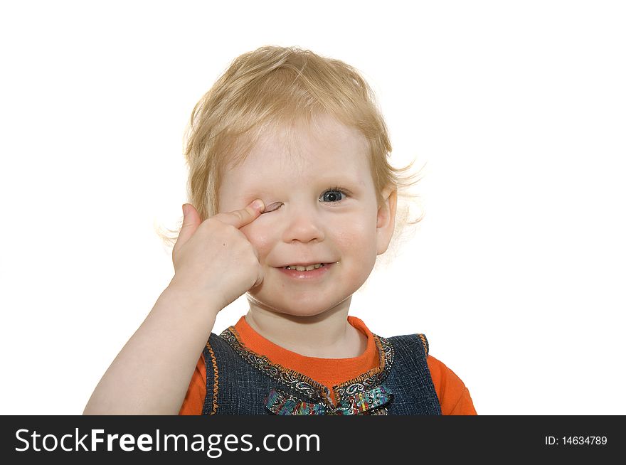 Small girl on white background has closed eye. Small girl on white background has closed eye