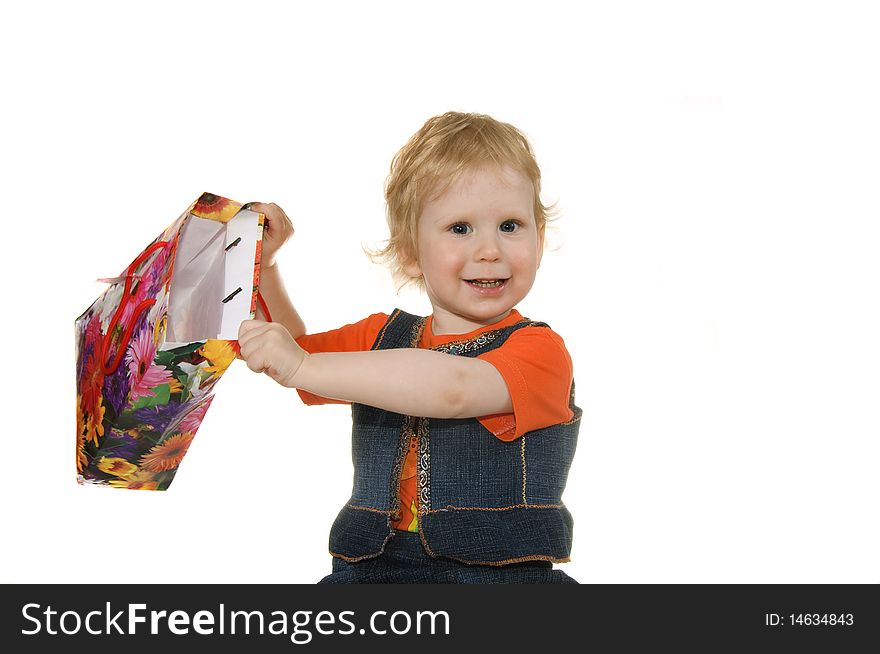 Small girl with package, isolated on white background.