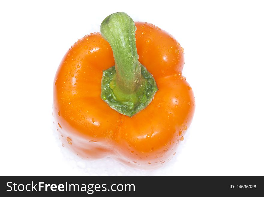 Large orange wet bell pepper on white bright background