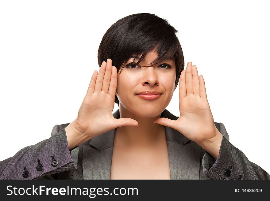 Pretty Smiling Multiethnic Young Adult Woman Framing Her Face with Her Hands Isolated on a White Background.
