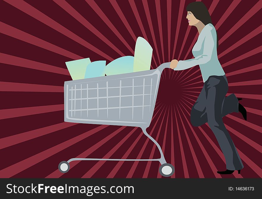 Image of a girl who is pushing a shopping cart at the mall. Image of a girl who is pushing a shopping cart at the mall.