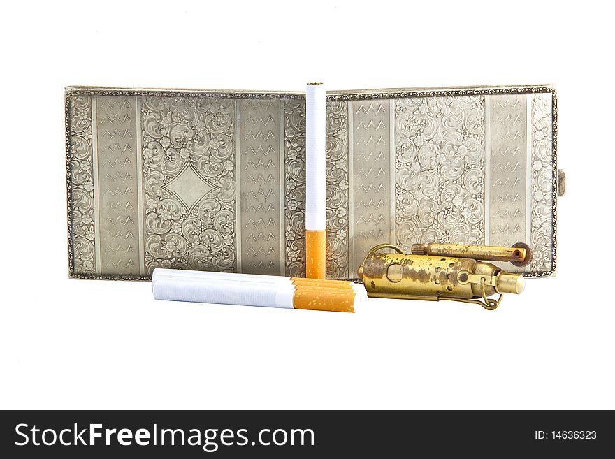 Silver snuffbox with cigaretts and lighter. Silver snuffbox with cigaretts and lighter