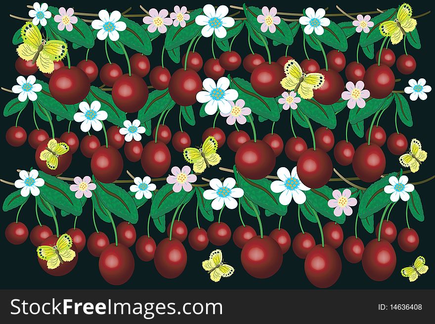 Wonderful background with cherry,flower and butterflies at the black.