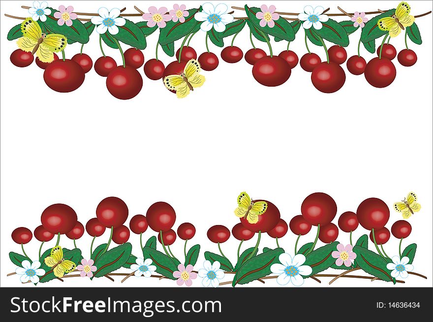 Border with cherry,flowers and butterflies. Border with cherry,flowers and butterflies.