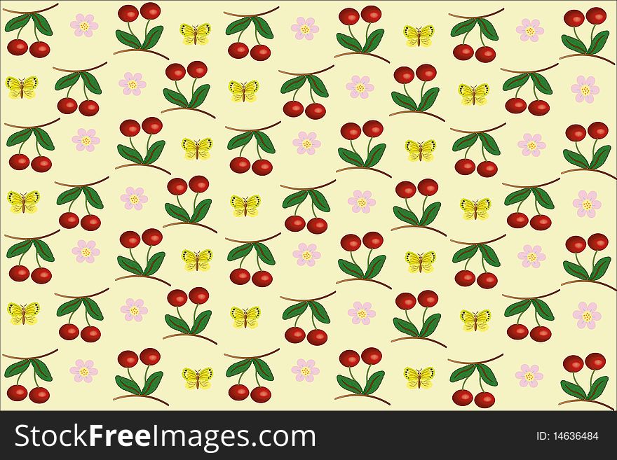 Yellow background with cherries,flowers,butterflies. Yellow background with cherries,flowers,butterflies.