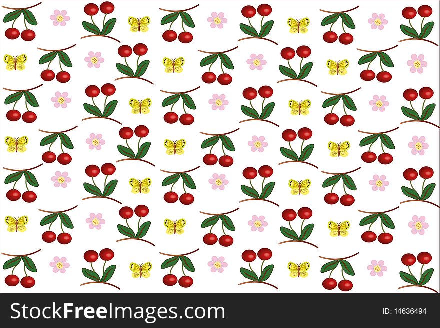 White background with cherry,flowers,butterflies