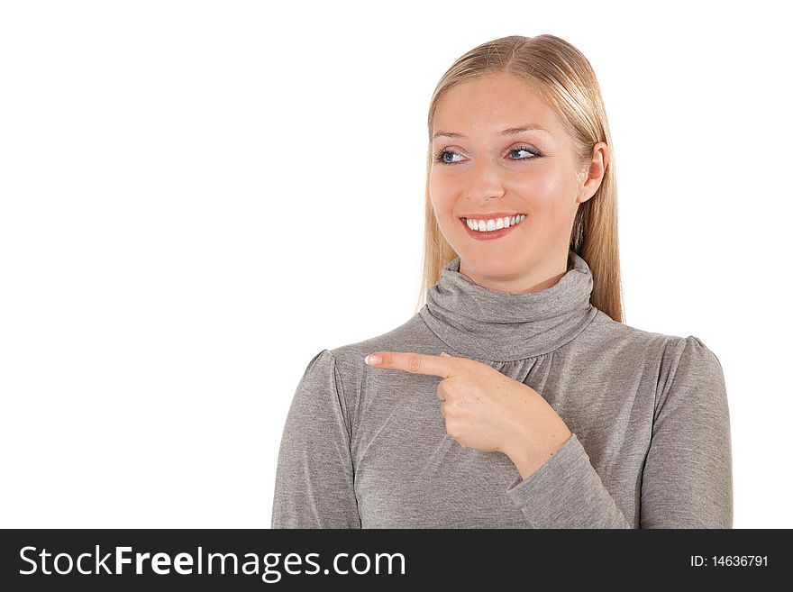 Isolated woman pointing hand, finger on isolated white background. Isolated woman pointing hand, finger on isolated white background