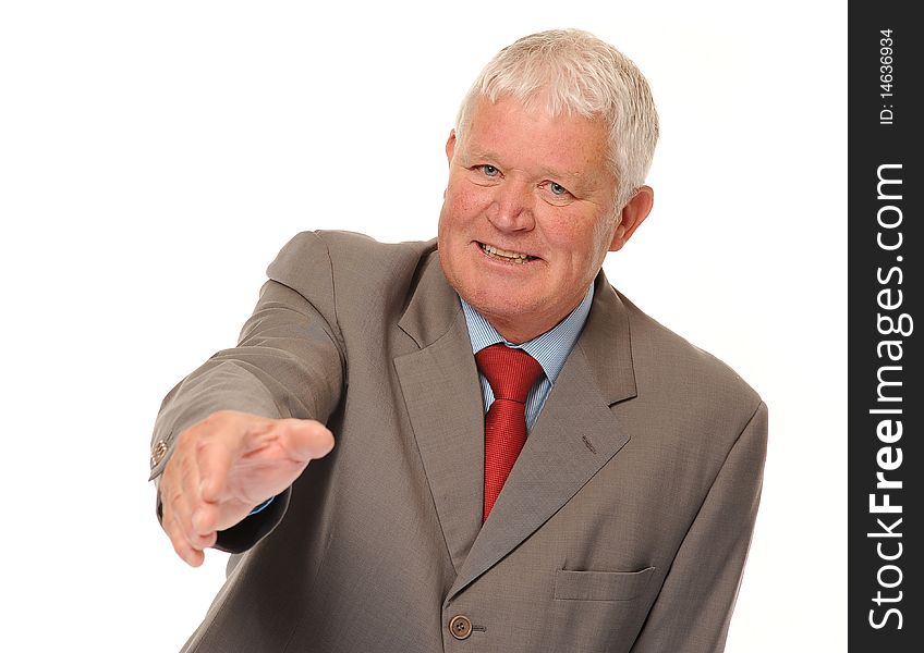 Successful mature business man on white background, offering handshake. Successful mature business man on white background, offering handshake