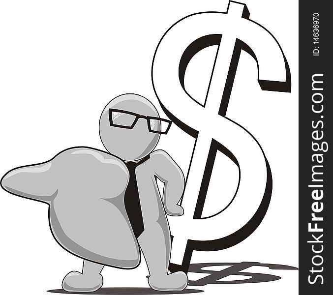 Cartoon illustration of a man holding out his hand for a shake with a big dollar sign behind him. Cartoon illustration of a man holding out his hand for a shake with a big dollar sign behind him