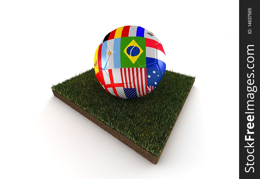 Ball of world soccer cup with flag of participating countries on piece of grass isolated on white background. High quality 3d render.