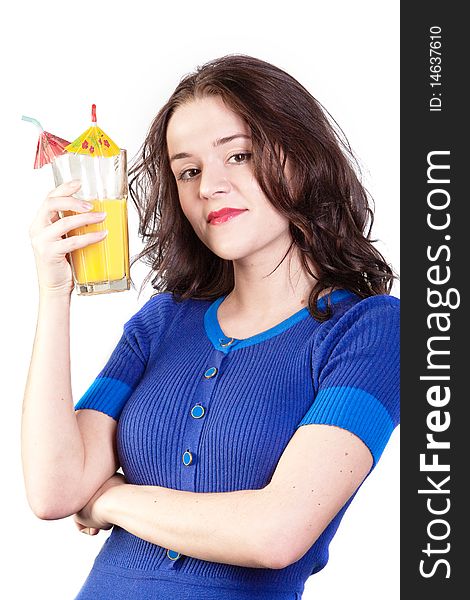 Beauty woman in blue dress with yellow orange juice isolated on a white