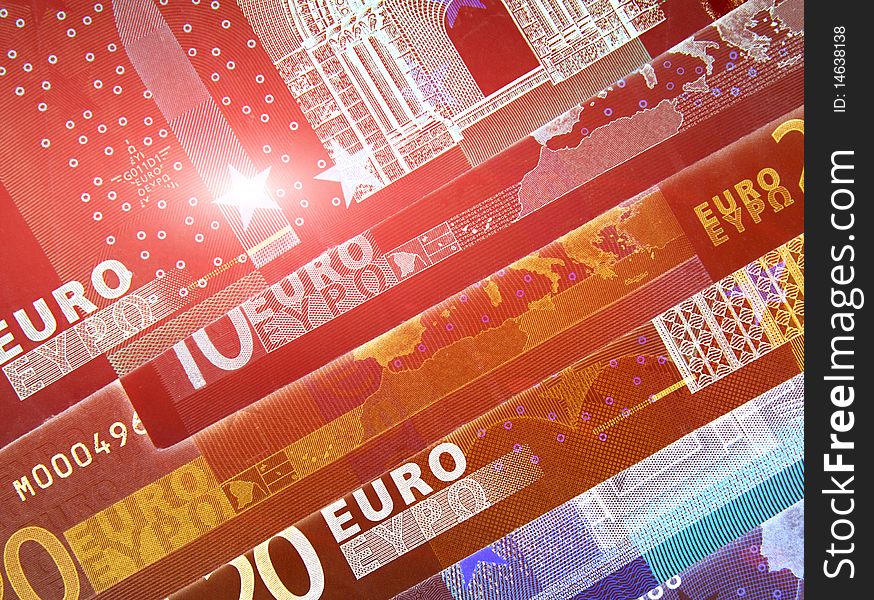 Closeup of Euro bank notes (coloured negative effect). Closeup of Euro bank notes (coloured negative effect)