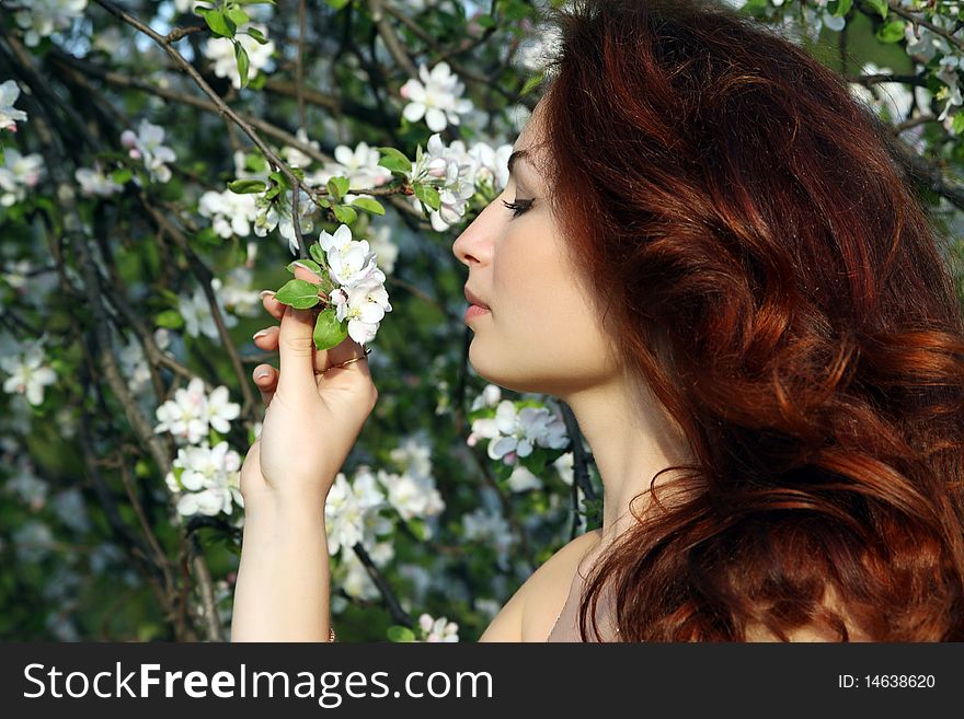 A smiling girl in apple-tree blossom. A smiling girl in apple-tree blossom