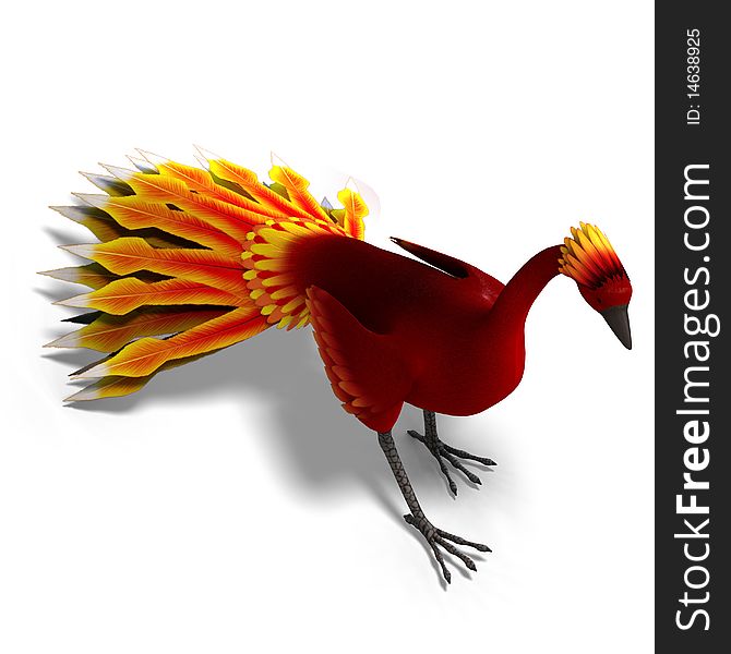 Red fantasy bird with beautiful feathers. 3D