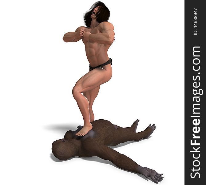 Apeman Defeated The Gorilla. 3D Rendering With