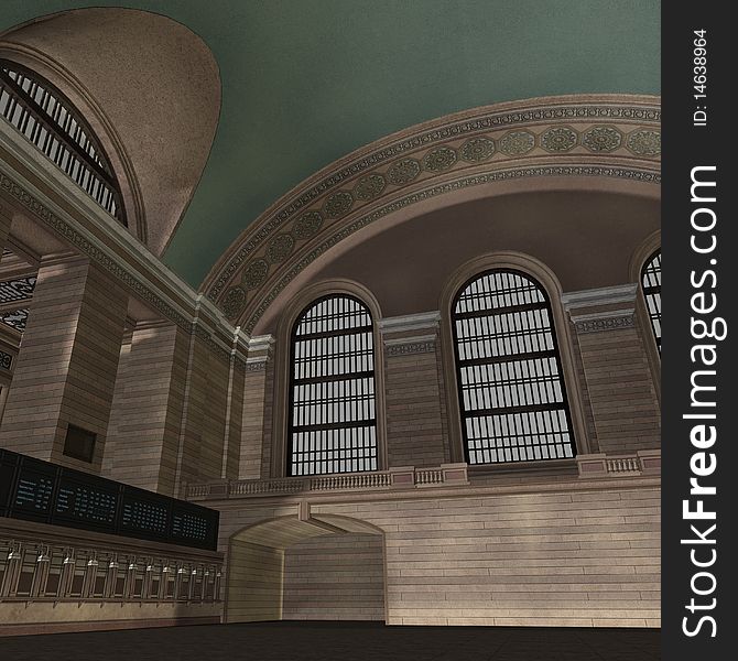 An Empty Central Station. 3D rendering with clipping path and shadow over white