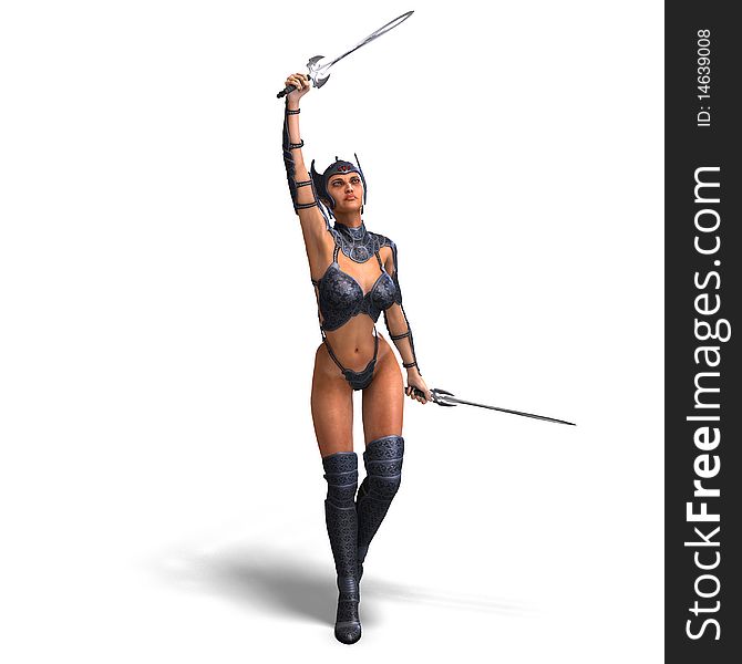 Female amazon warrior with sword and armor. 3D rendering with clipping path and shadow over white