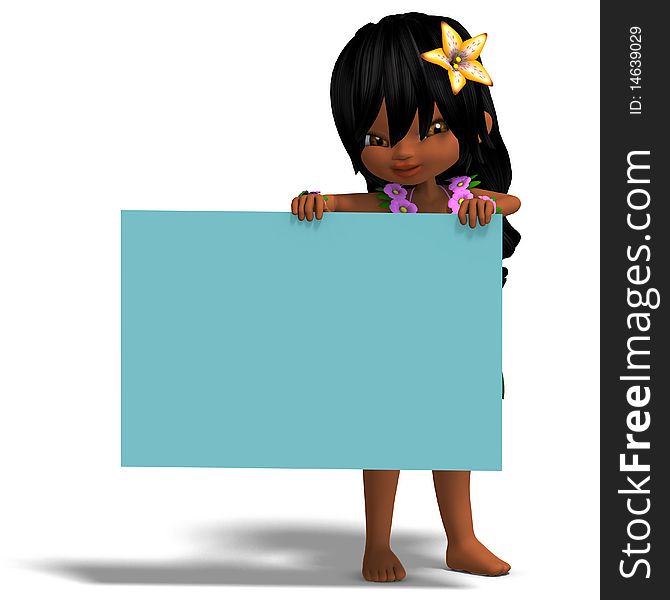 Very cute hawaiin cartoon girl invites you. 3D