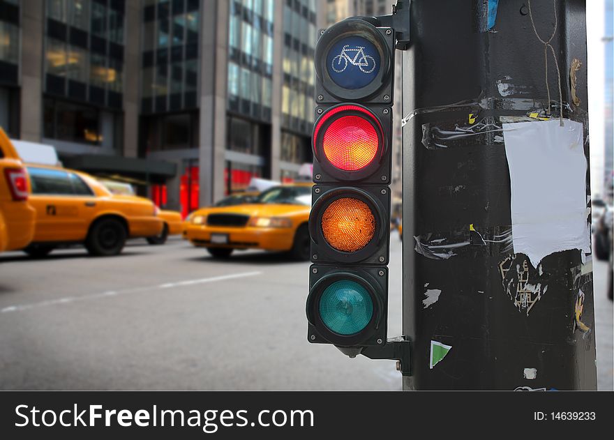 View of a traffic light on a city street