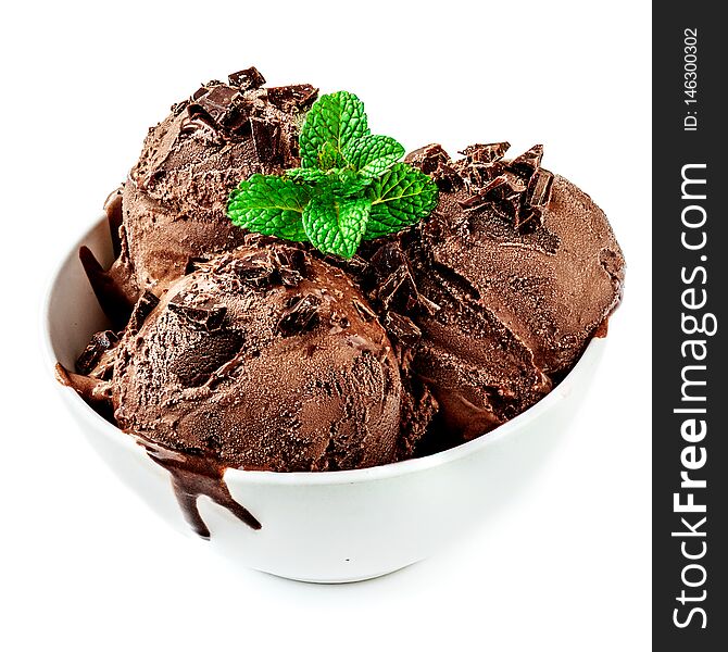 Bowl of chocolate ice cream with Peppermint isolated on white background