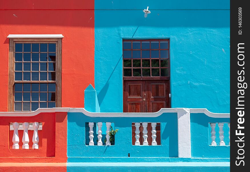 Detailed photo of colorful houses in the Malay Quarter, Bo Kaap, Cape Town, South Africa.