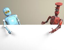Two Robots Vitage Peeks Out From Behind The Walls Banner Stock Images
