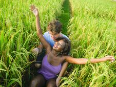 Free Young Happy And Beautiful Mixed Ethnicity Couple With Black African American Woman And Attractive Caucasian Man Cuddling And Stock Photo - 146369230