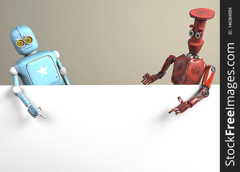 The two robots vitage peeks out from behind the walls banner. 3d Render