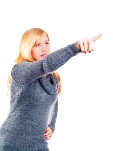 Woman Pointing By Finger Over White Royalty Free Stock Photo