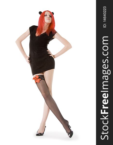 Picture of red hair woman in black stockings posing