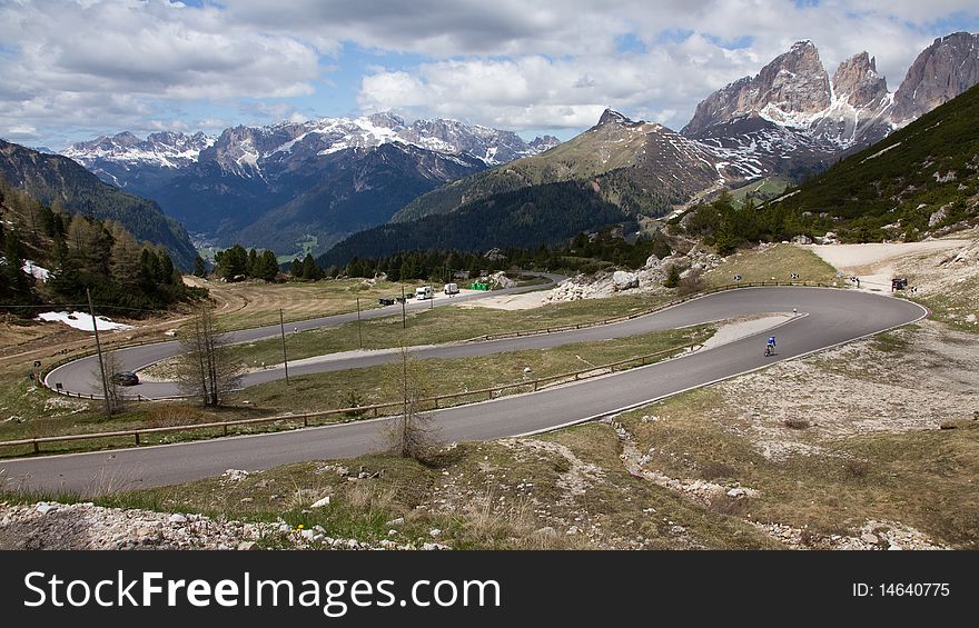 The way down the Pordojioch in Italy. The way down the Pordojioch in Italy