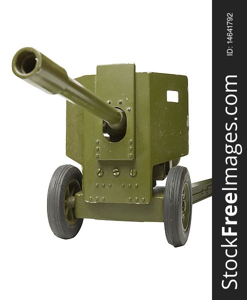 Front view on toy model of the russian cannon. It can shoot with small plastic bullets. Period of Second world war (1937-1945). Isolated on white background. Front view on toy model of the russian cannon. It can shoot with small plastic bullets. Period of Second world war (1937-1945). Isolated on white background.