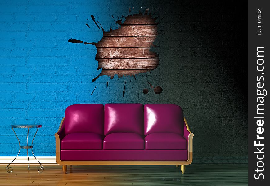 Purple Couch, Table With Hole In The Wall