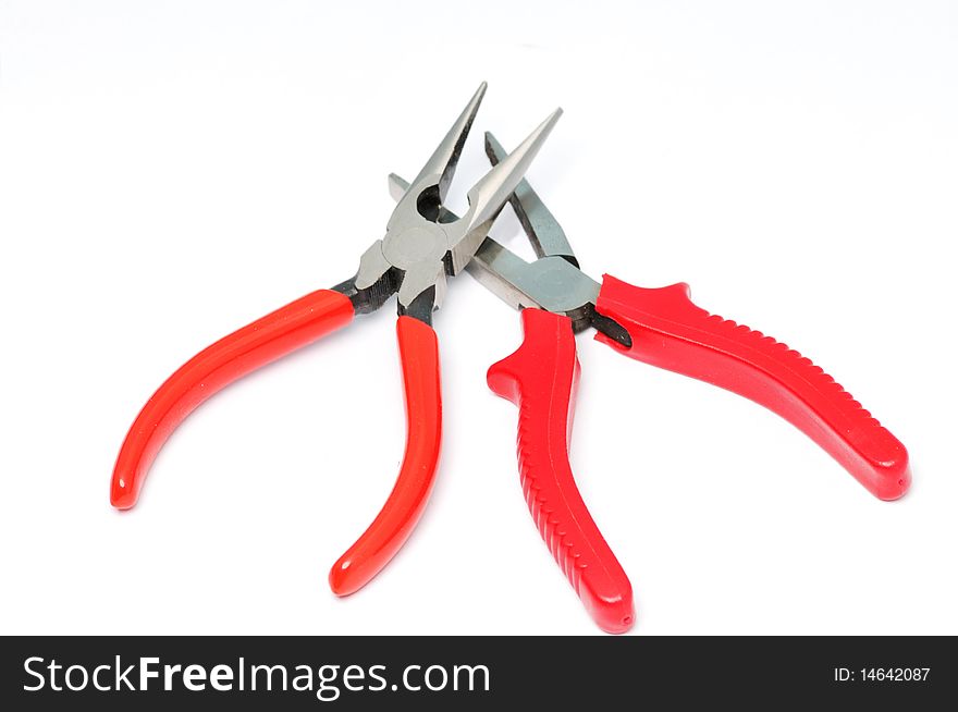 2 red handle of pliers on a white background.