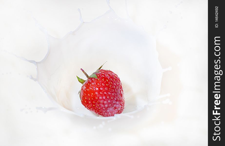 Fresh Strawberry Splashing Into Milk Or Yogurt