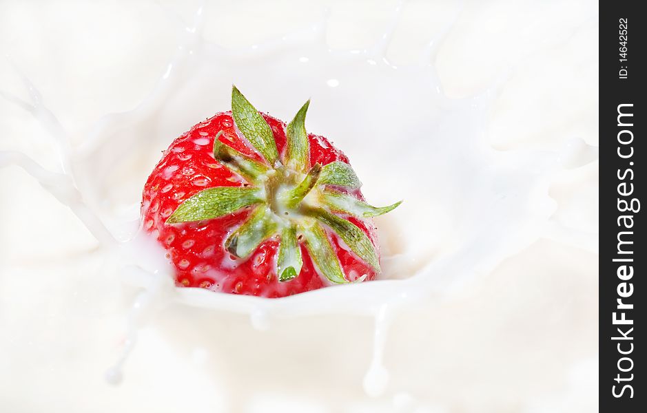 Fresh red strawberry splashing into milk or yogurt