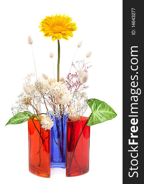 Bouquet from dry herb and yellow gerbera t in colour glass vase on white background