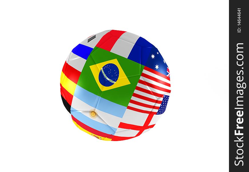 Ball of world soccer cup with flag of participating countries isolated on white background. High quality 3d render.