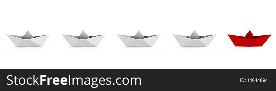 A line of paper boats with the leading one being different, a conceptual 3d image. A line of paper boats with the leading one being different, a conceptual 3d image