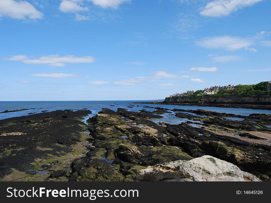 A rocky coastline at St. andrews in Scotland provides many small sheltered beach areas at low tide