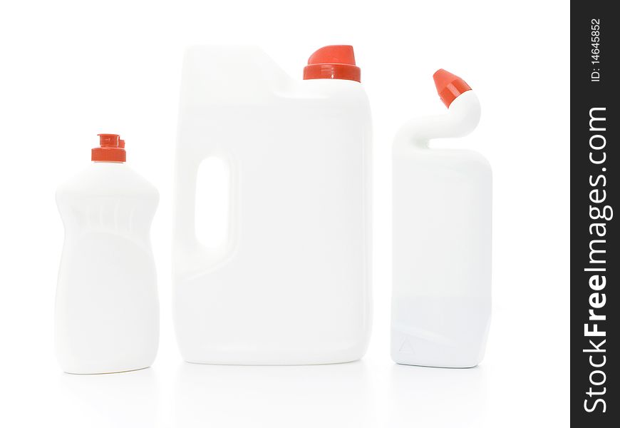 Cleaning supplies in white bottle on white background