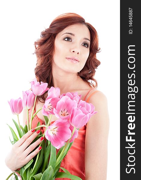 Young woman with flowers isolated on white