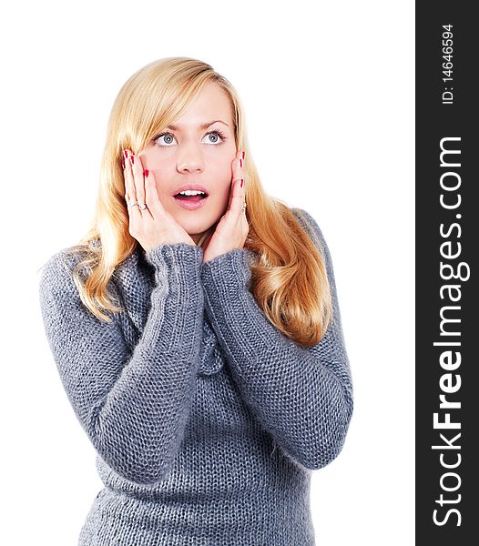 Surprised blond woman isolated over white background. Surprised blond woman isolated over white background