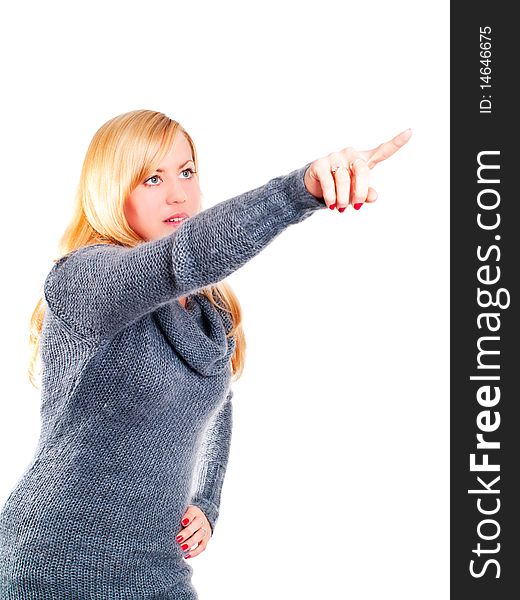 Woman Pointing By Finger Over White