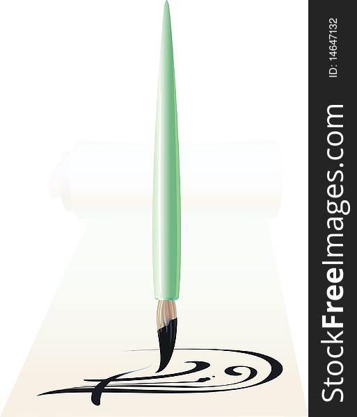 Brush for employment by a calligraphy against a paper roll. a vector illustration. Brush for employment by a calligraphy against a paper roll. a vector illustration