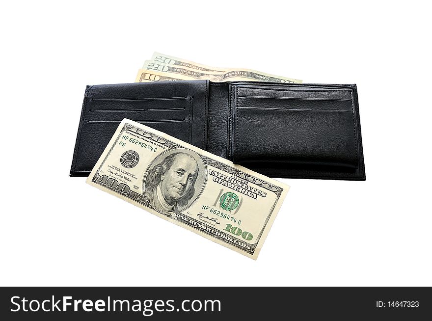 Isolated black leather purse with dollar banknotes. Isolated black leather purse with dollar banknotes